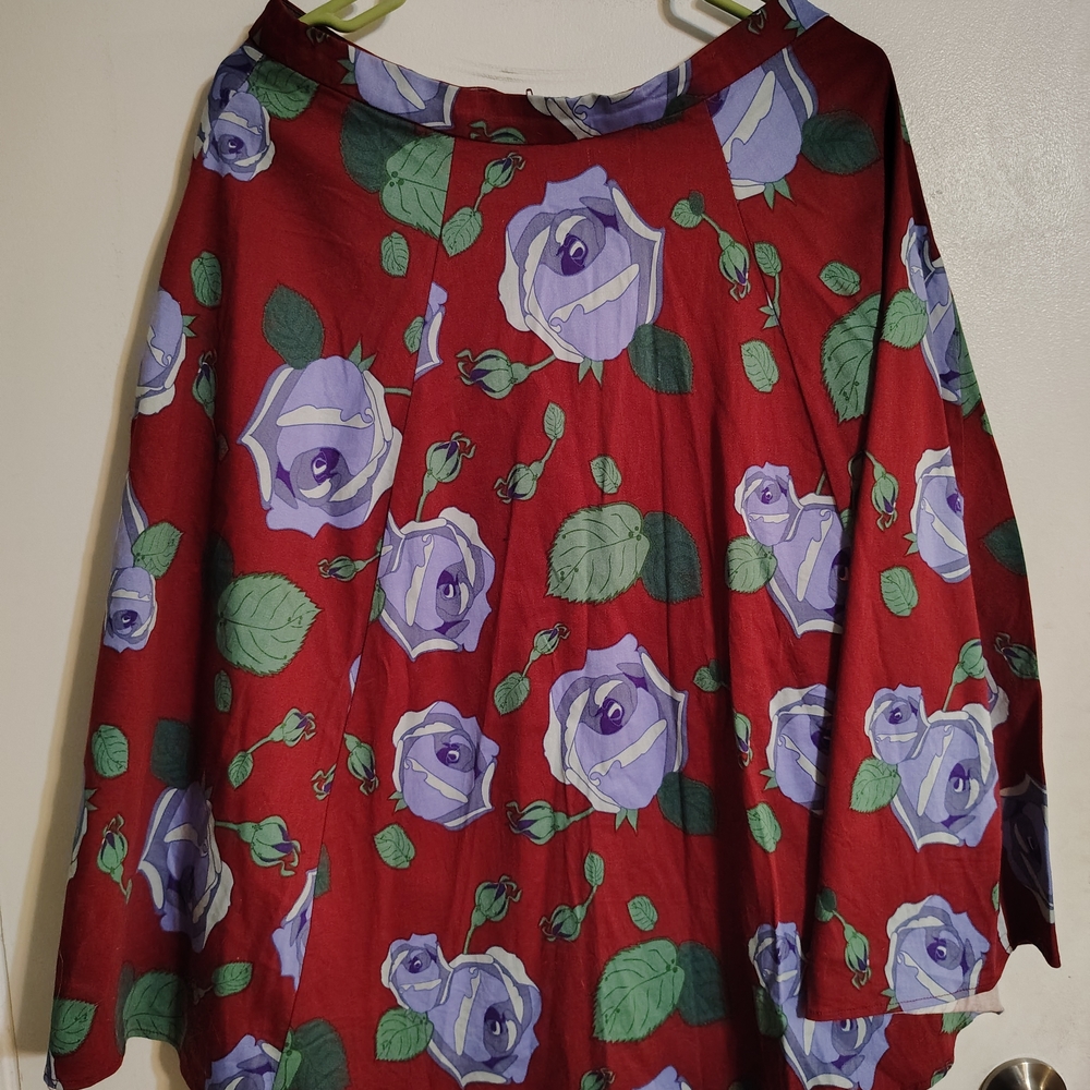 Collectif Red Midi Skirt with Purple Rose Print